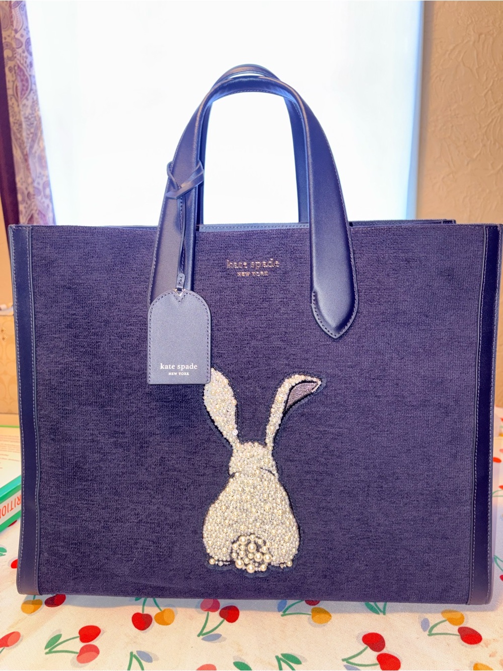 Kate Spade New York Manhattan Bunny Large Tote Bag w/Pearl Embellished Bunny